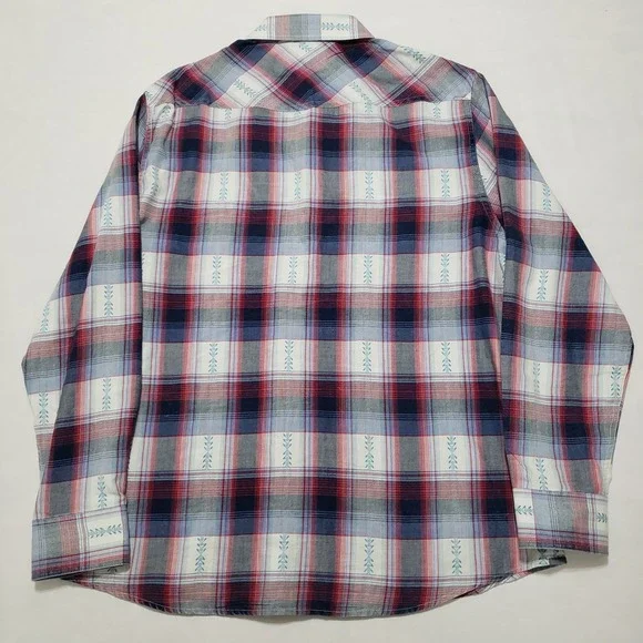Desert Son Mens Plaid Snap Front Western Shirt XL Red Blue White Feather Print - Picture 7 of 13